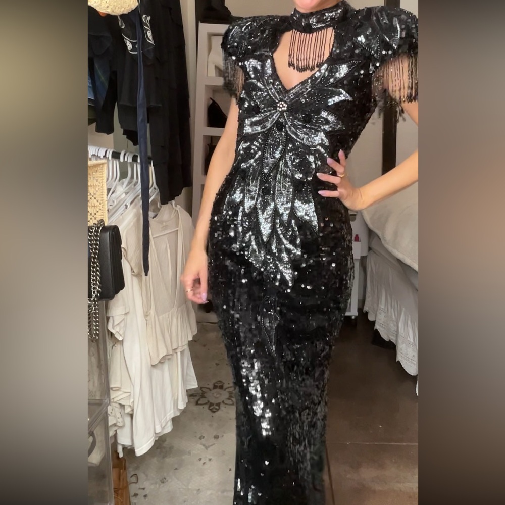RARE Vintage NITELINE Rhinestone Beaded Sequin Tassel Full Length Maxi Gown